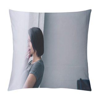 Personality  Beautiful Depressed Woman Looking Through Window At Home With Copy Space Pillow Covers