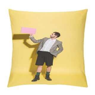 Personality  Side View Of Stylish Model In Blazer Looking At Speech Bubble On Yellow Background  Pillow Covers