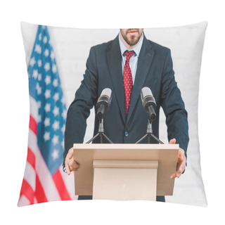Personality  Cropped View Of Bearded Speaker In Suit Standing Near Microphones  Pillow Covers