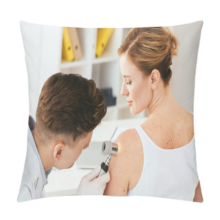 Personality  Dermatologist In Latex Gloves Holding Dermatoscope While Examining Attractive Patient With Skin Disease   Pillow Covers