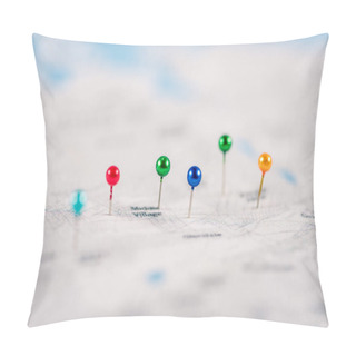 Personality  Close-up Shot Of Colorful Pins On Map Pillow Covers