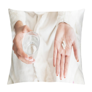 Personality  Woman Holding A Glass Of Water And Pills, Detail Pillow Covers