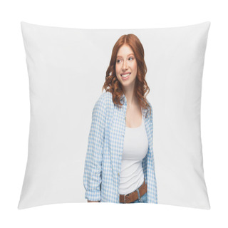 Personality  Young Joyful Redhead Woman In Plaid Shirt Isolated On White  Pillow Covers