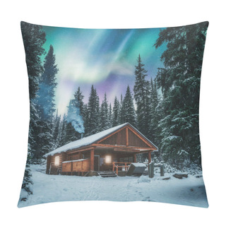Personality  Aurora Borealis Over Wooden Cottage With Smoke On Snow In Pine Forest At Yoho National Park, Canada Pillow Covers