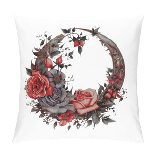 Personality  Witchy Dark Gothic Crescent Red Roses Wreath Dark Fantasy Gardening Watercolor Clipart. Design Element For Pattern, Decoration, Planner Sticker, Sublimation And More. Pillow Covers
