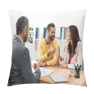 Personality  Investors Sitting At Table And Thumbing Ups Near Advisor In Office Pillow Covers