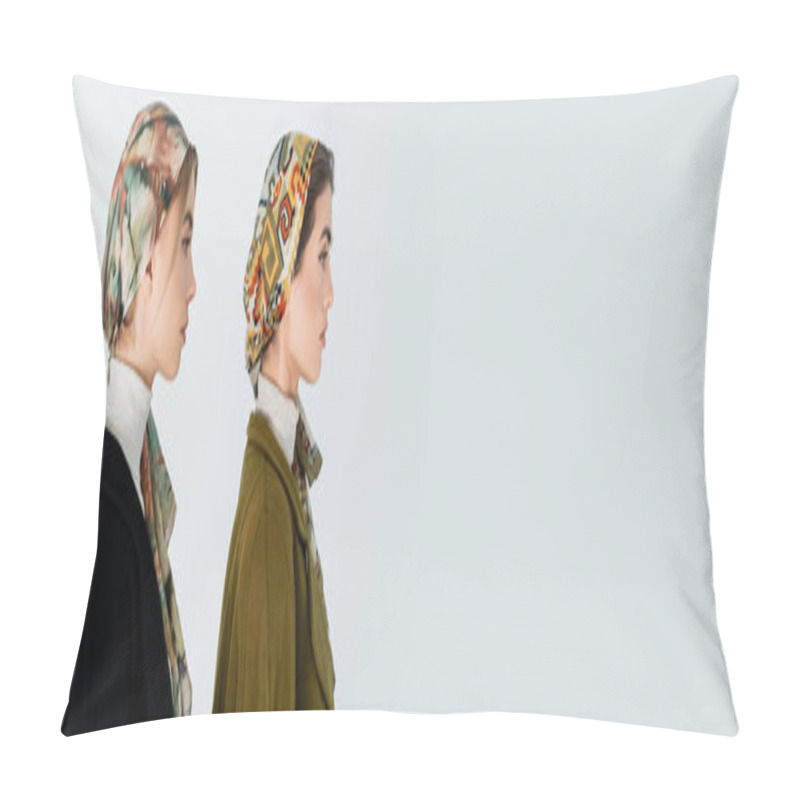 Personality  Profiles Of Stylish Women In Patterned Kerchiefs Isolated On Grey With Copy Space, Banner Pillow Covers