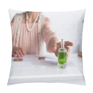 Personality  Selective Focus Of Bottle With Essential Oil Near Cropped Astrologer And Clay Runes Pillow Covers