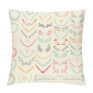 Personality  Big Collection Of Hand Drawn Floral Graphic Design Elements And Lines Border In Retro Style. Pillow Covers