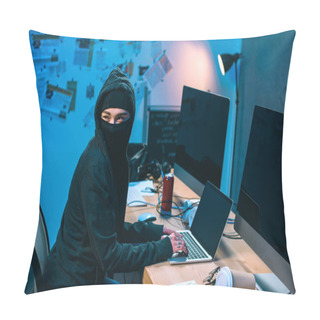Personality  Female Hacker In Mask Developing Malware At Workplace Pillow Covers