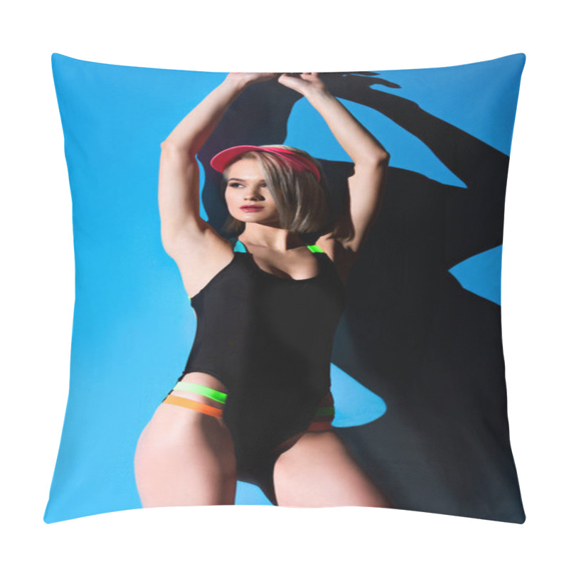 Personality  Attractive Slim Girl Posing In Stylish Swimsuit And Sun Visor, On Blue Pillow Covers