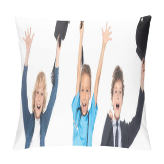 Personality  Panoramic Shot Of Excited Kids Dressed In Costumes Of Different Professions Holding Graduation Caps Above Heads Isolated On White  Pillow Covers