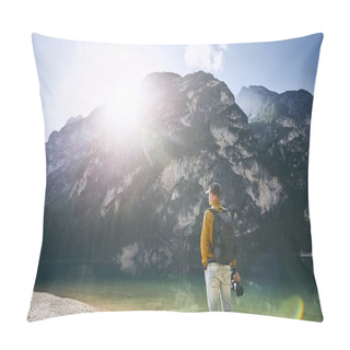 Personality  Young Photographer Holding Camera Against Lake Braies And Mountains During Sunrise. Dolomites, Italy  Pillow Covers
