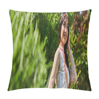 Personality  Carefree Authentic Style Woman Near Green Plants On Blurred Foreground, Banner Pillow Covers