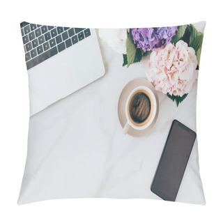 Personality  Flat Lay With Coffee, Laptop, Smartphone And Hortensia Flowers On Marble Surface Pillow Covers