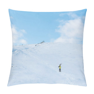 Personality  Sportsman In Helmet Walking With Ski Sticks On White Snow In Mountains  Pillow Covers