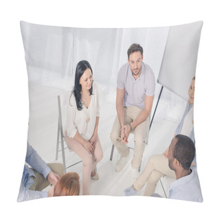 Personality  High Angle View Of Smiling Multiethnic Middle Aged People Sitting On Chairs And Talking During Group Therapy Pillow Covers