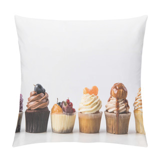 Personality  Close Up View Of Various Sweet Cupcakes Isolated On White Pillow Covers