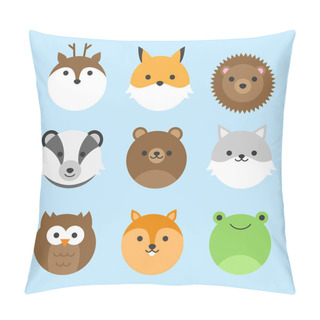 Personality  Cute Vector Icon Set Of Forest Animals. Round Animal Illustrations; Deer, Fox, Hedgehog, Badger, Bear, Wolf, Owl, Squirrel And Frog. Isolated On Baby Blue Background. Pillow Covers