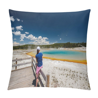Personality  Woman Tourist Overlooking Hot Thermal Spring Sunset Lake In Yellowstone National Park, Black Sand Basin Area, Wyoming, USA Pillow Covers