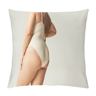Personality  Cropped View Of Curvy Woman Wearing Beige Bodysuit And Standing With Hand On Hip Isolated On Grey Background, Self-confidence, Figure Type, Body Positivity Movement  Pillow Covers