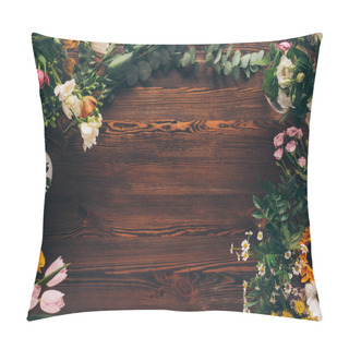 Personality  Top View Of Flowers On Brown Table Pillow Covers