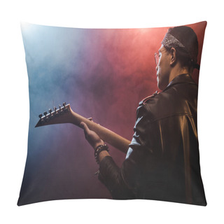 Personality  Rear View Of Male Musician In Leather Jacket Playing On Electric Guitar On Stage With Smoke And Dramatic Lighting  Pillow Covers