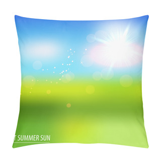 Personality  Green Field And Blue Sky With Summer Sun. Vector Illustration. Pillow Covers
