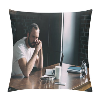 Personality  Depressed Young Man Sitting On Kitchen With Laptop And Looking Away Pillow Covers
