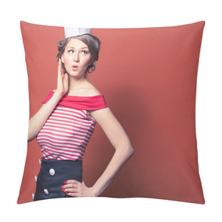 Personality  Beautiful Pin-up Girl Dressed A Sailor Posing On Red Background Pillow Covers