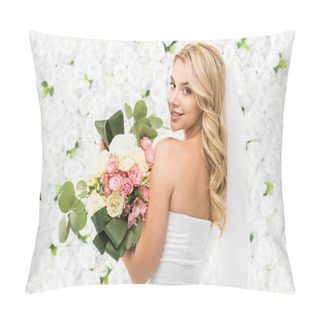 Personality  Beautiful Young Bride Holding Wedding Bouquet And Looking At Camera On White Floral Background Pillow Covers