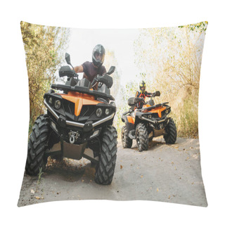 Personality  Two Quad Bike Riders In Helmets Travels In Forest, Front View. Riding On Atv, Extreme Sport And Travelling, Quadbike Adventure Pillow Covers