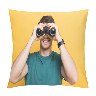 Personality  Cheerful Man Looking Through Binoculars On Yellow Pillow Covers