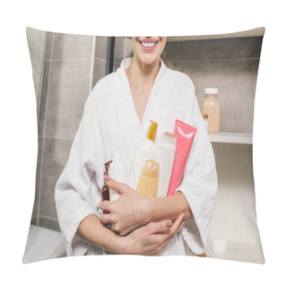 Personality  Cropped View Of Woman In White Bathrobe Holding Bottles In Bathroom Pillow Covers