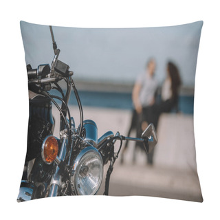Personality  Selective Focus Of Vintage Classical Motorbike With Couple On Background Pillow Covers
