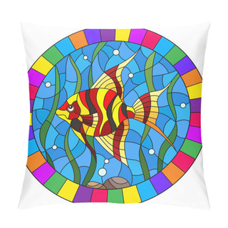 Personality  Illustration In Stained Glass Style Bright  Fish Scalar On The Background Of Water And Algae, Oval Image In Bright Frame Pillow Covers