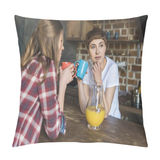 Personality  Attractive Young Women Drinking Coffee Together On Kitchen Pillow Covers