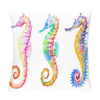 Personality  Group Of Colorful Seahorses On White Background, Hand Drawn Watercolor Illustration. Pillow Covers