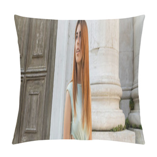 Personality  Young Redhead Woman Looking Away Near Building With Wooden Doors In Venice, Banner Pillow Covers