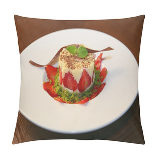 Personality  Layered Dessert With Strawberries, Biscuit Cake And Cream Cheese On A Dark Wood Background Pillow Covers
