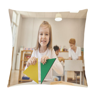 Personality  Cheerful Kid Holding Triangles And Looking At Camera In Class In Montessori School Pillow Covers