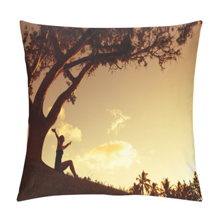 Personality  Woman With Hands Raised Into Sunset Pillow Covers