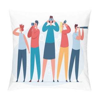 Personality  Characters Searching For New Ideas, Business Team Looking Into Future. People Look Through Binoculars, Search For Candidates Vector Concept Pillow Covers