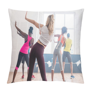 Personality  Back View Of Multiethnic Zumba Dancers Performing Movements In Dance Studio Pillow Covers