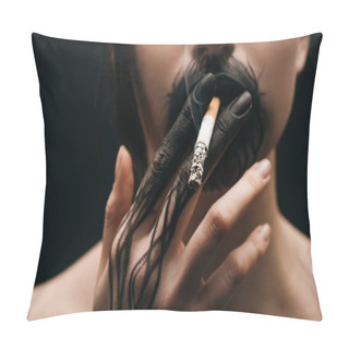 Personality  Selective Focus Of Woman With Black Painted Hand And Lips Smoking Cigarette Isolated On Black  Pillow Covers