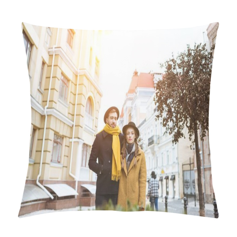 Personality  beautiful young couple in autumn outfit on city street pillow covers