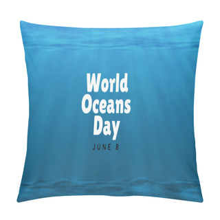 Personality  Poster, Banner, Card Or Illustration For World Oceans Day With Text. June 8. Concept Of Conservation Oceans. Take Care Of The Nature. Blue Background With Text. Pillow Covers