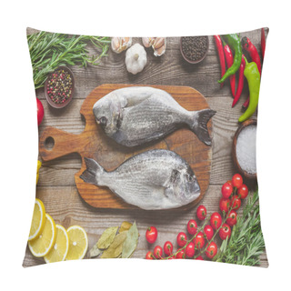 Personality  Top View Of Raw Fish On Wooden Board Surrounded By Ingredients On Table Pillow Covers