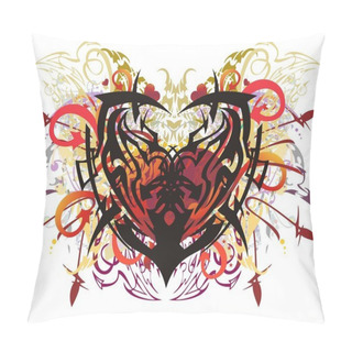 Personality  Colorful Ethnic Heart In Grunge Style. Tribal Symbol - Heart With The Elements Of Arrows And Linear Butterfly Wings, Twirled Floral Elements On A White Background Pillow Covers