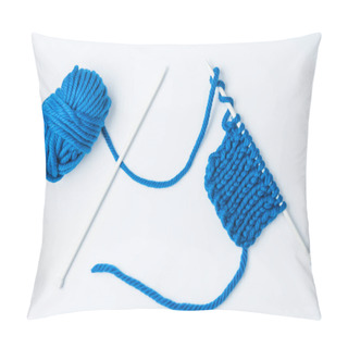 Personality  Top View Of Blue Yarn And Knitting Needles On White Backdrop Pillow Covers